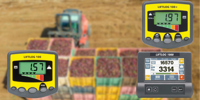 Images of the Liftlog 100, 100+, and 1000, superimposed on a background displaying a forklift picking up crates of beetroot in a field.