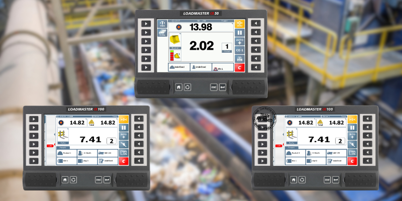 Photo of Loadmaster Alpha 50, Loadmaster Alpha 100, and Loadmaster Alpha 100A superimposed over photo of recycling facility.