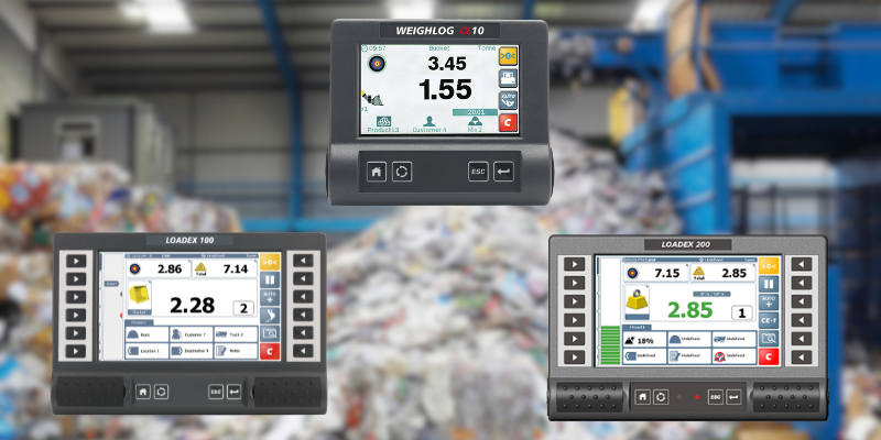 Photo of Weighlog Alpha 10, Loadex 100, and Loadex 200 superimposed over photo of recycling facility.